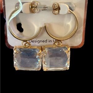 Elegant Gold and Crystal Hoop with Clear Squares Earrings